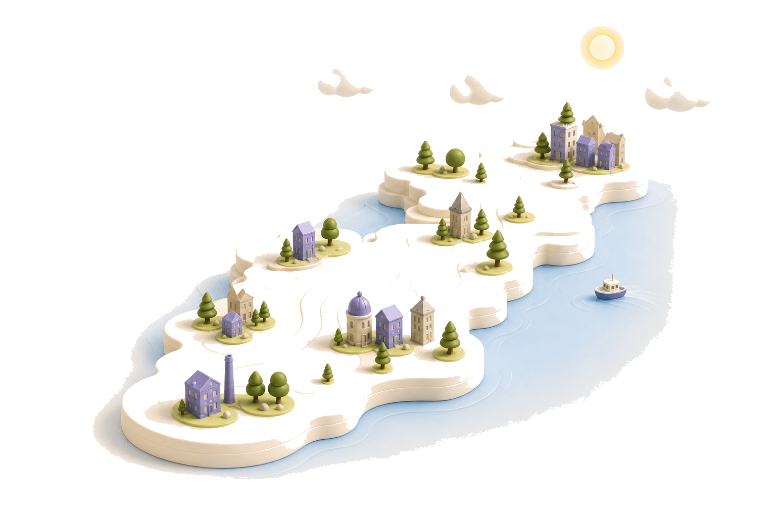 3D-illustrasjon av Norge med byer, skoler og arbeidsplasser